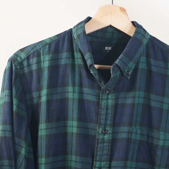 Uniqlo Classic Flannel Blue Green Checker Shirt - Picture 4 of 5